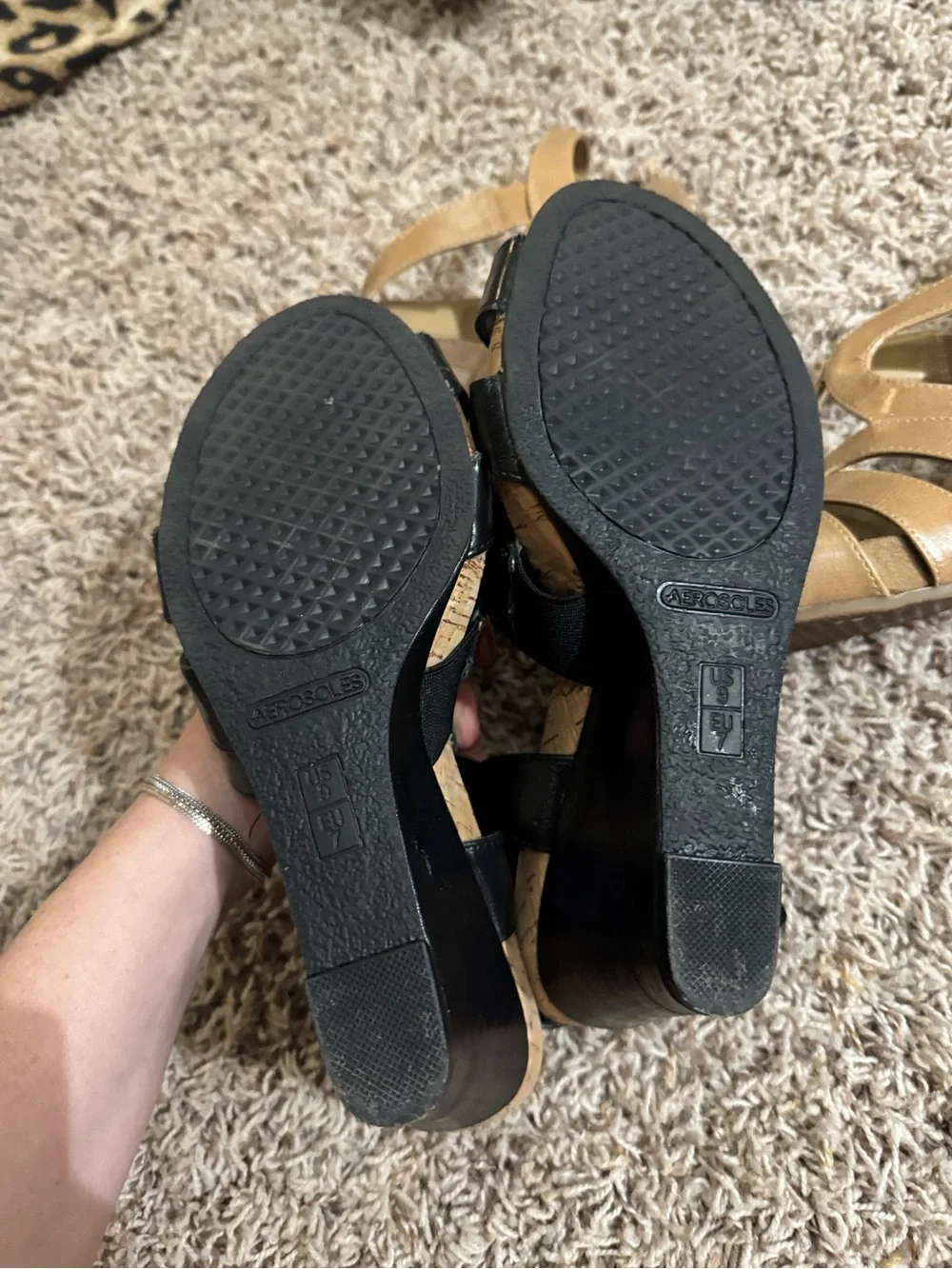 TWO AEROSOLES Women's Black Tan Wedge Strappy Sandals *Comfort Memory Foam*